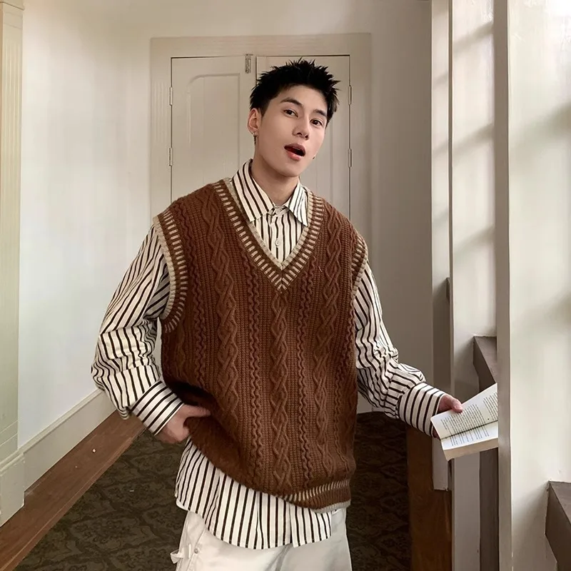 

Мужской вязаный жилет большого размера, свитер в консервативном стиле, жилет, трикотаж, топ, академическая мода, унисекс, свободный крой, свитер, жилет