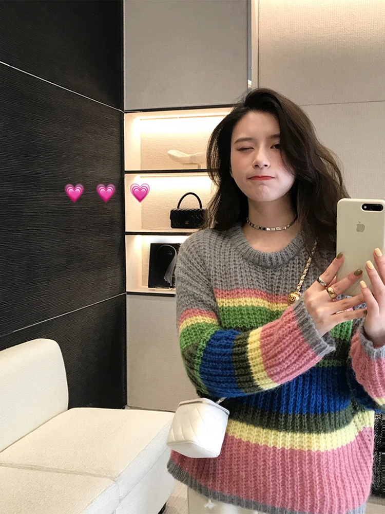 Jmprs Sweet O Neck Mohair Rainbow Sweater Women Fashion Casual Korean Knitted Jumpers Chic Long Sleeve Elegant Autumn Lady Tops