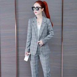 Women's 2 Pant Set Business Office Plaid Blazer and Two Pieces Sets Pants for Woman Trousers Suits Wear To Work Formal Outfits D