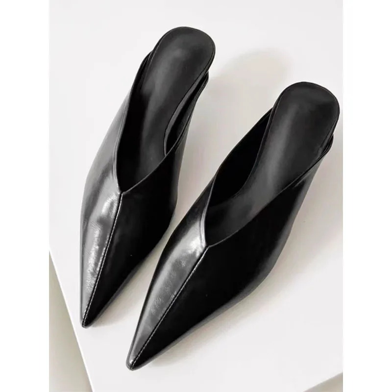 Concise Style Soild Pointed Toe Outdoor Summer Women Slippers Stiletto Middle Heels Slip On Design Large Size Closed Toe Shoes