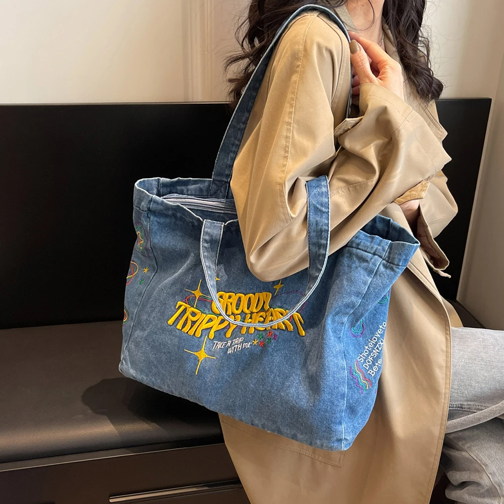 Denim Shoulder Bag Canvas Embroidered Letters Handbag Casual Travel Shopper Retro Hobo Bag Large Capacity Shoulder Underarm Bag