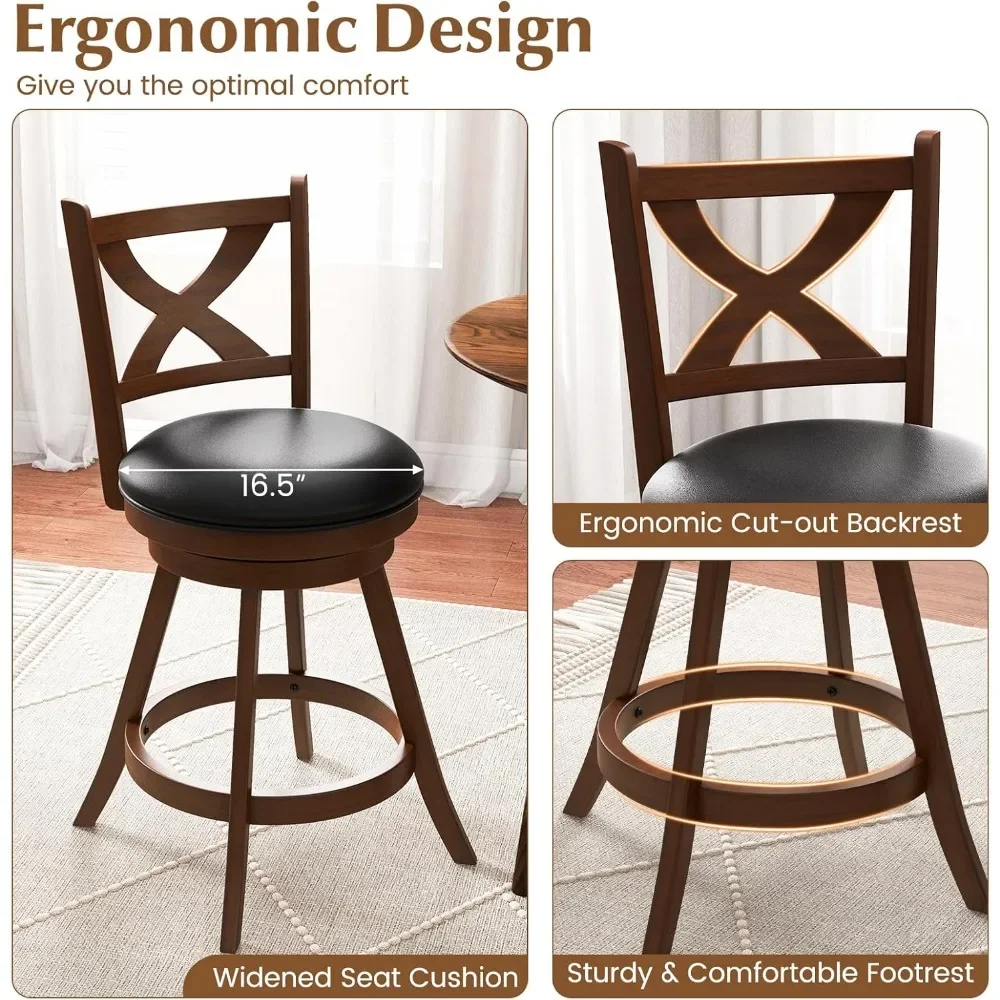 Bar Stools, Classic Counter Height Chairs with X-Shaped Open Back, 4 PCS Swivel Barstool Set for Kitchen Island