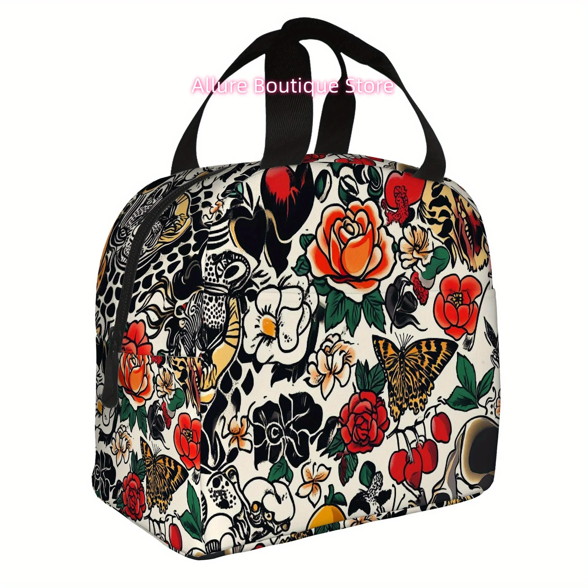 1pc, Tattoo-style Floral and Animal Motif Printed Thermal Bag, Insulation Bag, Insulated Bag. Not for Food Contact. Suitable for