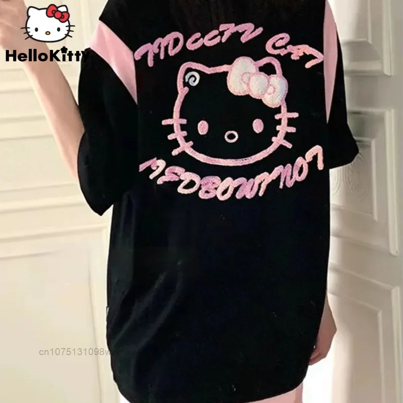 100% Cotton Cute Hello Kitty Embroidered T-shirt for Women Sanrio Trendy Summer Loose Sweet Cool Polo Neck Couple Tops Clothes