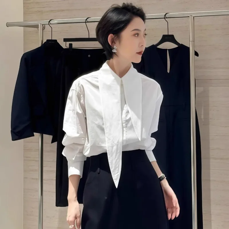 

Elegant Office Casual Top Women's White Long Tie Collar Long Sleeve Button Down Shirt