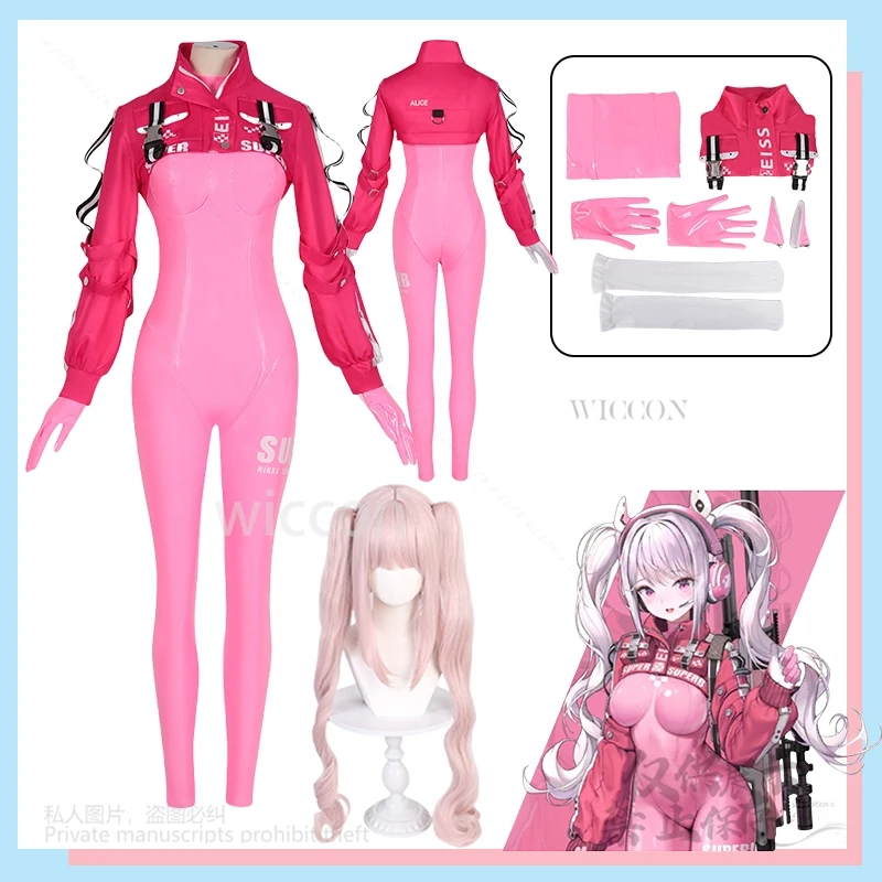 

Alice Cosplay Costume Game NIKKE:The Goddess of Victory Pink Tight Jumpsuit Wig Halloween Party Christmas Women Girls Customized