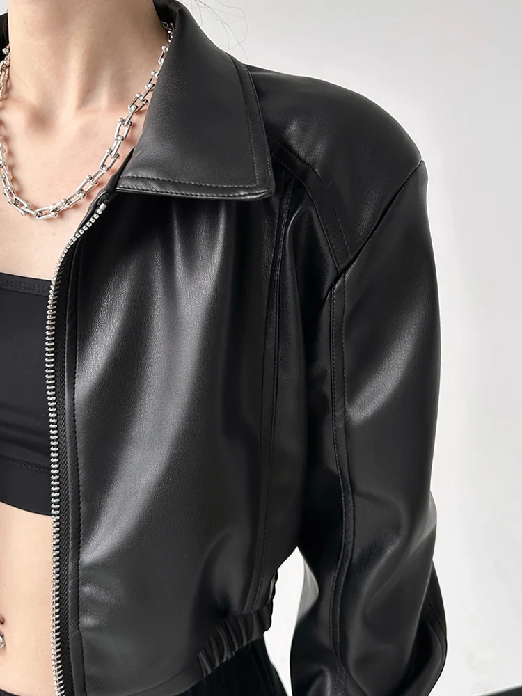 Jacken Pu Leder Frauen schwarz Revers Langarm Crop Mäntel amerikanische Retro Streetwear Reiß verschluss Mode lässig weibliche Oberbekleidung