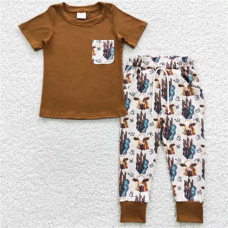 Boys Cactus Bull Head Brown Pocket Short Sleeve Pant Set