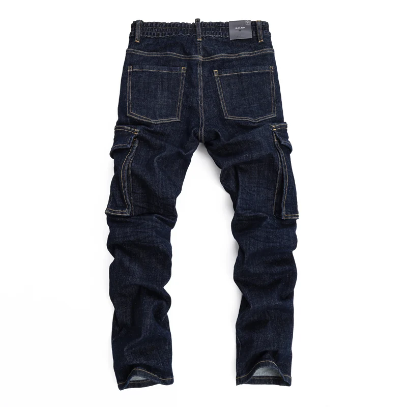 High Street Fashion NewMen's Jeans Washed Nostalgic Stretch Slimming Large Pocket Deep Blue Jeans Hip Hop Brand High Qualit