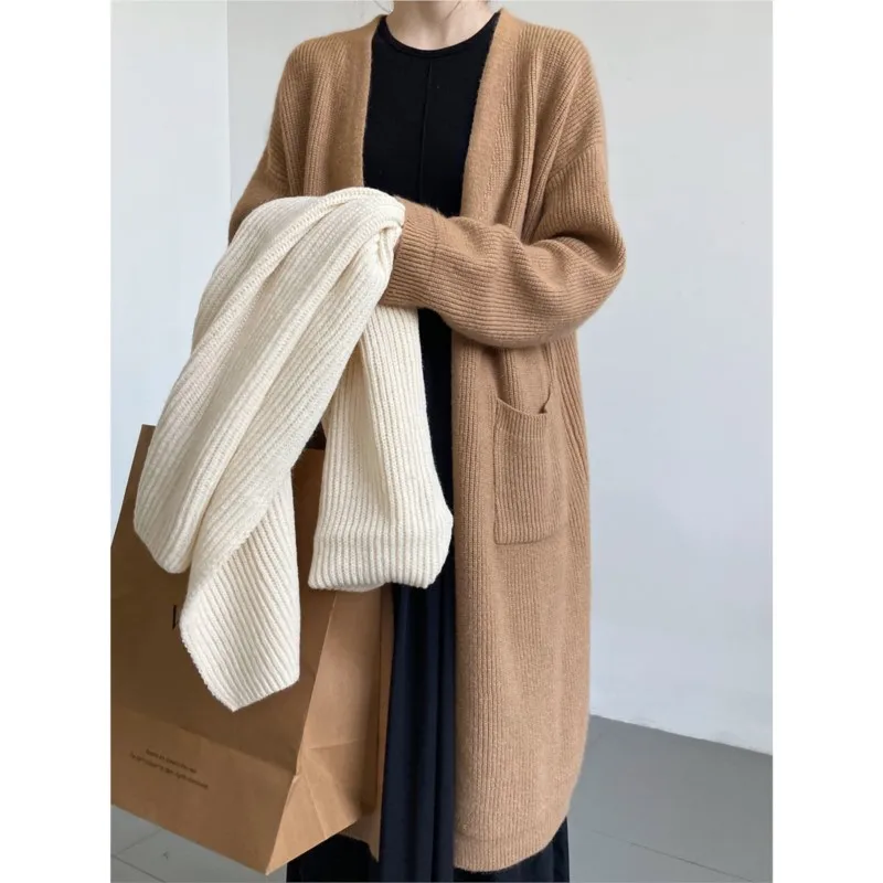 

Johnature Casual Long Sweater Jacket Women 2025 Autumn Winter New Lazy Vintage Over The Knee Knitted Cardigan Coats