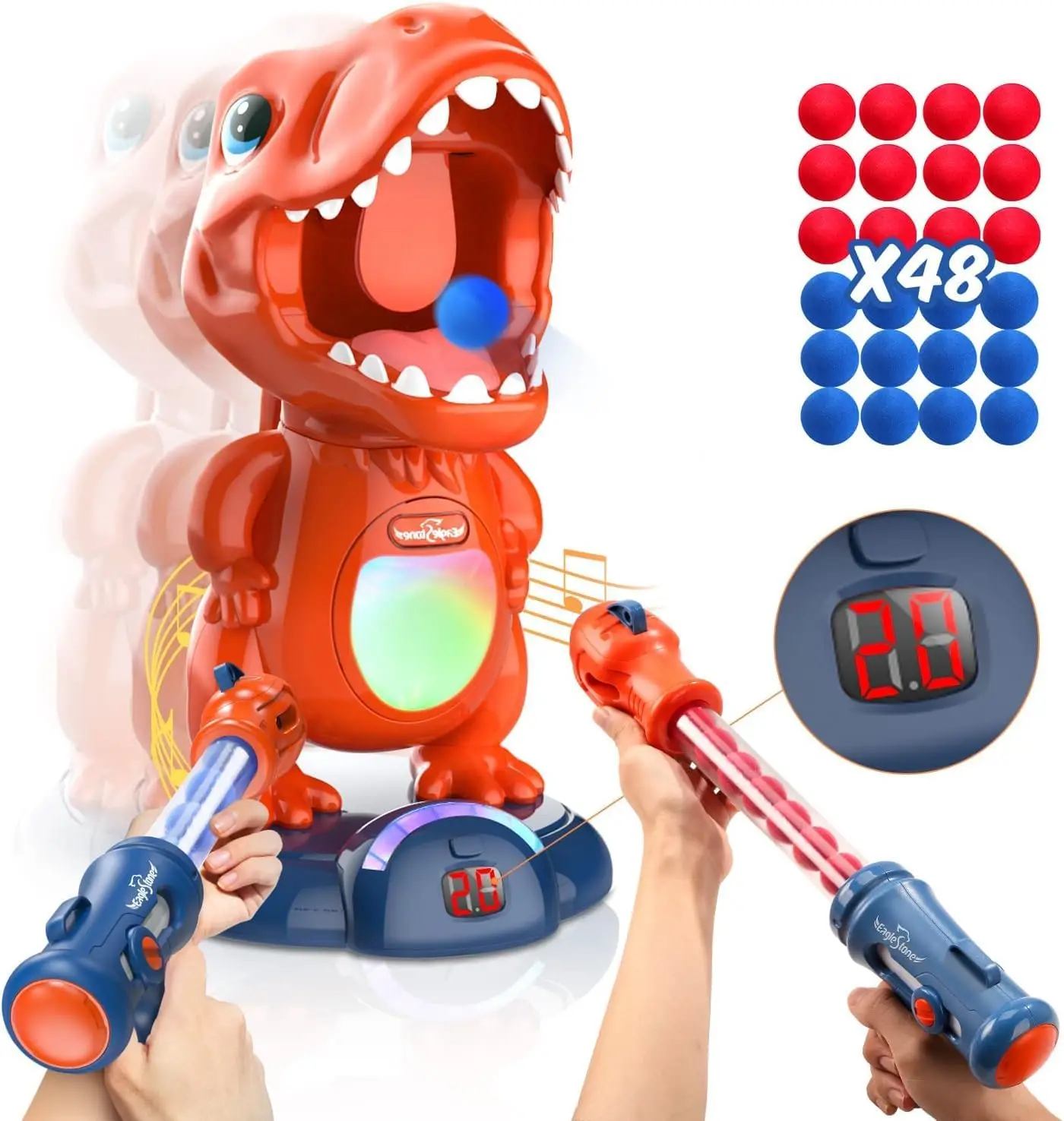 EagleStone Dino Shooting Toys, Air Pump Gun Game, Score LCD, 24 Foam Balls, Gifts for Kids