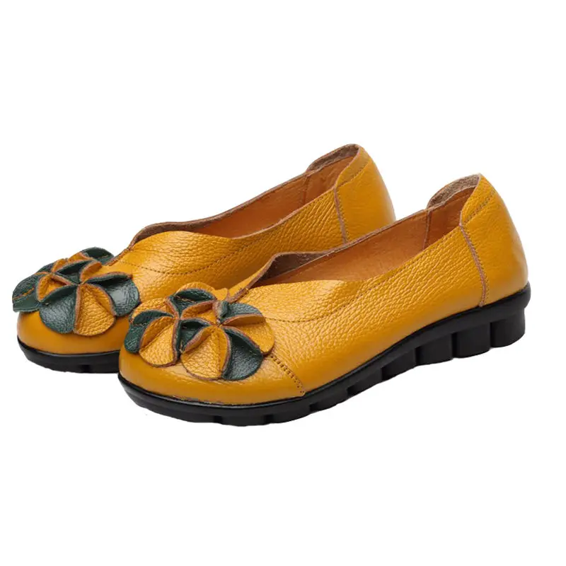 Split leather floral flats women\'s shoes 2024 spring loafers ladies slip on moccasins woman yellow shallow flats shoes vintage