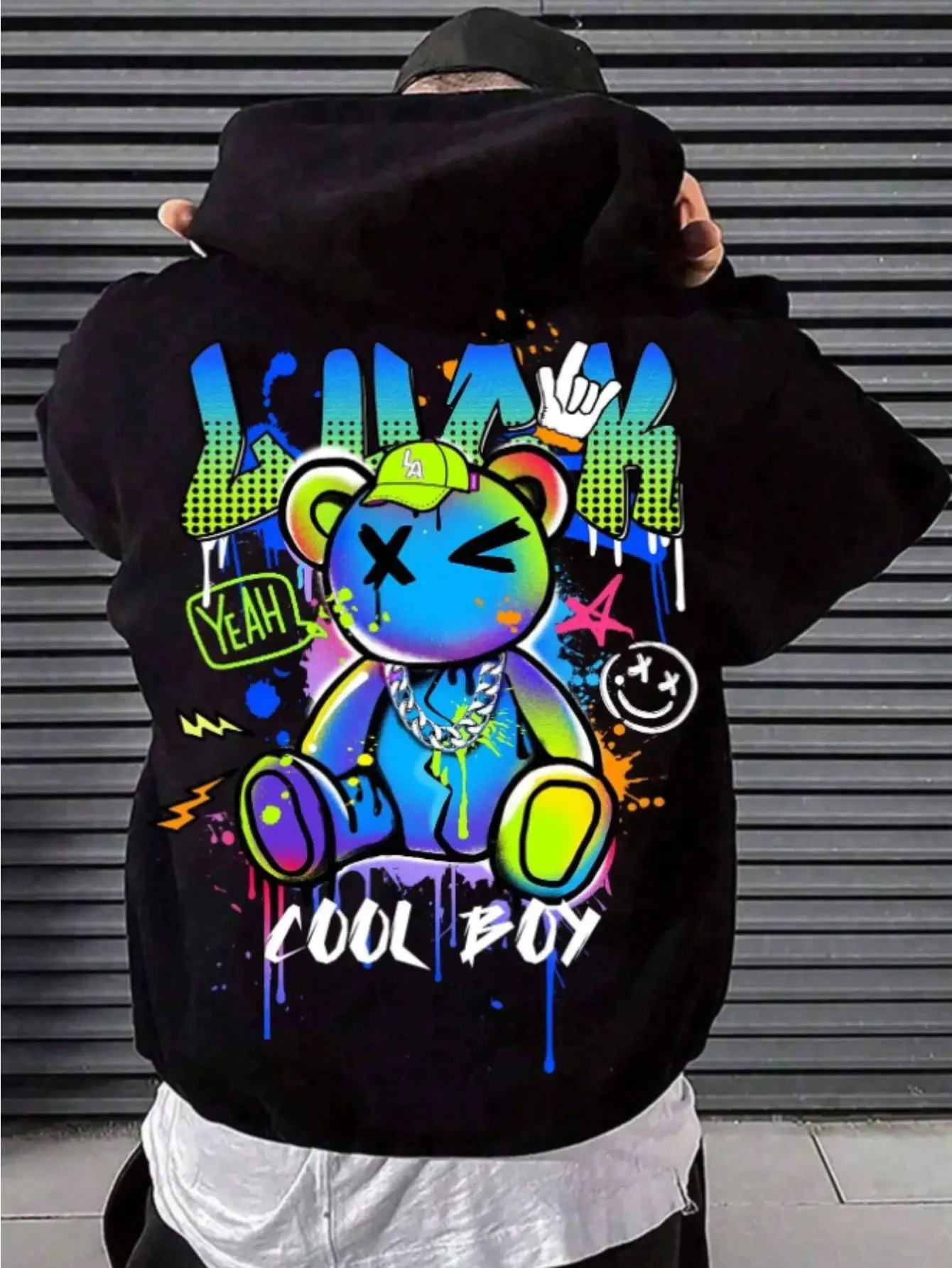 Alto design novo outono masculino colorido dos desenhos animados urso carta impressa confortável macio hoodie ao ar livre rua versátil topo