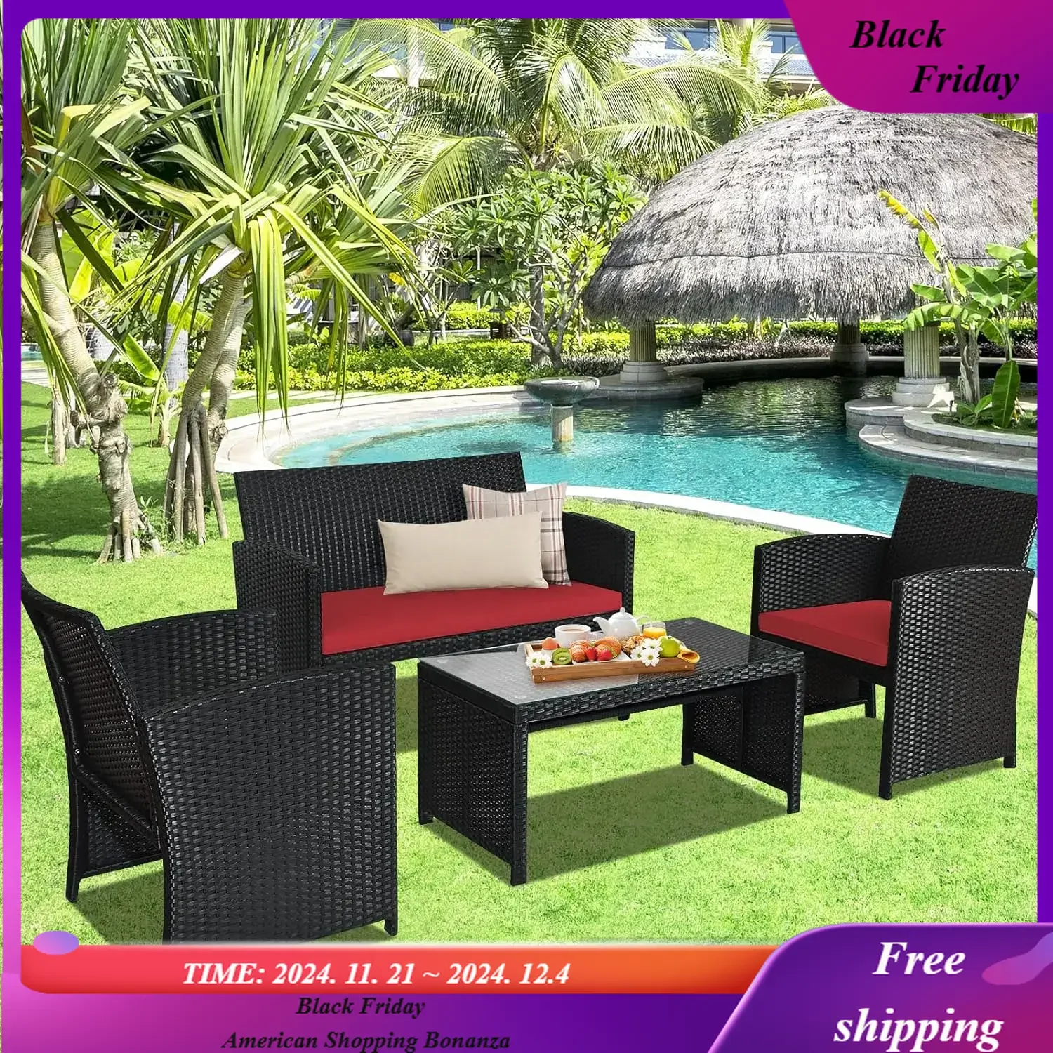 

Rattan Patio Furniture Set 4 Pieces, Outdoor Wicker Conversation Sofa and Table Set with Soft Cushions & Tempered Glass