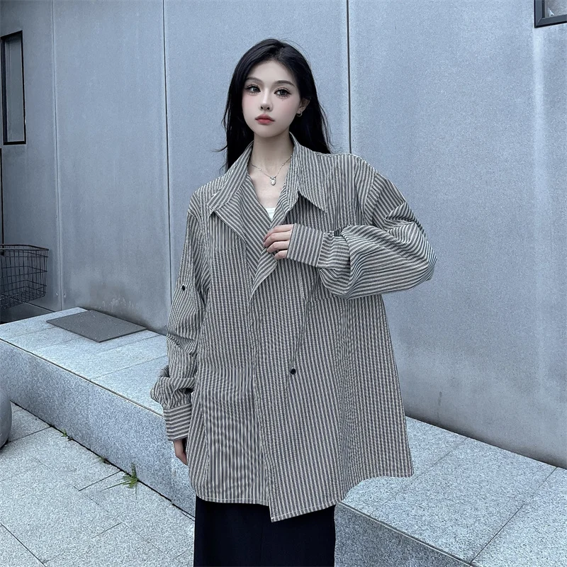 American Loose Striped Shirt Women's Autumn Oversize Atmosphere Women Shorts Casual Long Loose Coat