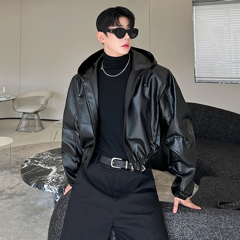 LUZHEN Elastic Hem Hooded Short Leather Jacket Elegance Luxury High Quality Motorcycle Solid Color Male Versatile Coats LZ6325