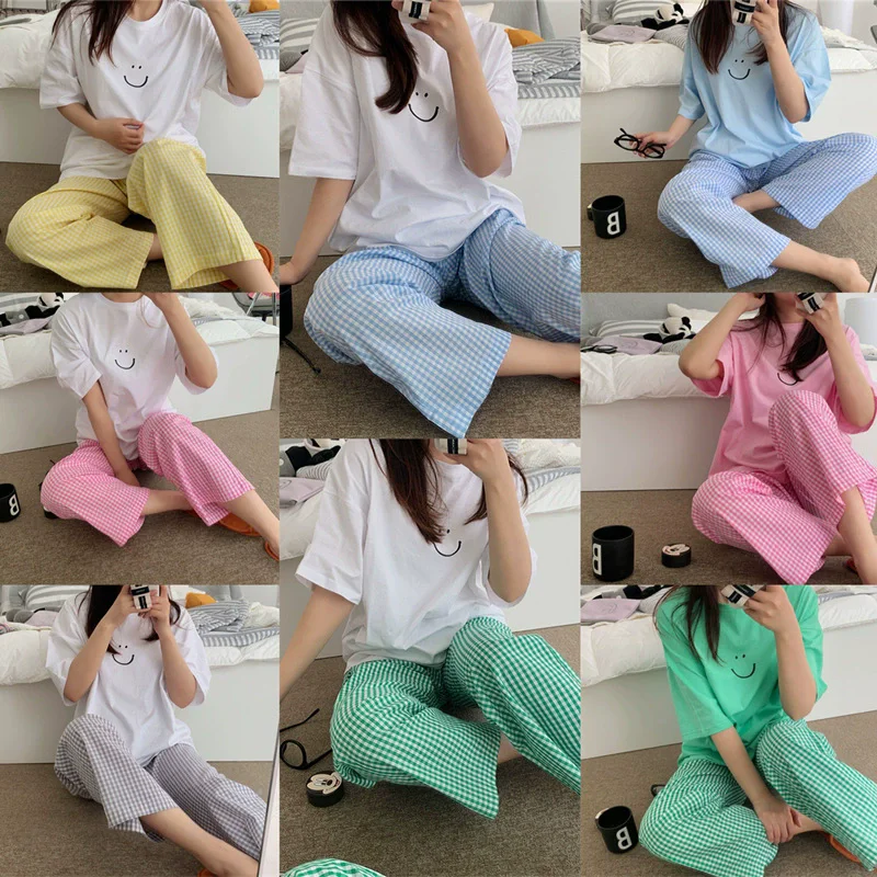 Ladies' Fashionable Checkered Smiley Face Printed Loose Casual Pajamas With Round Neck And Comfortable Women's Home Pajamas