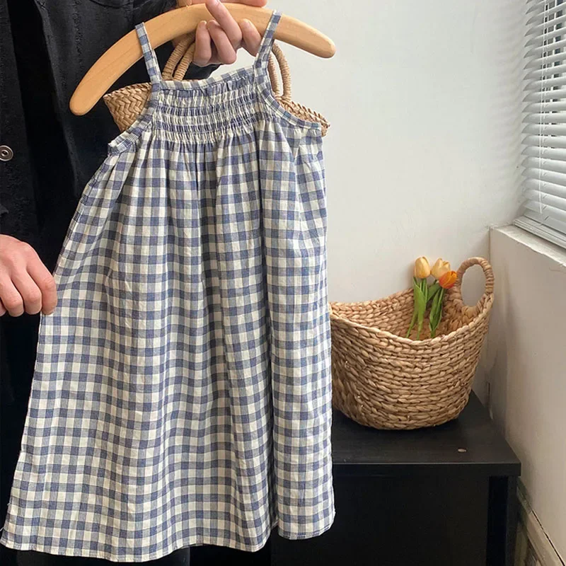2025 New Summer 2-7Yrs Sister Clothing Kids Princess Dresses Sleeveless Cotton Grid Baby Girl Party Dress Children Clothes