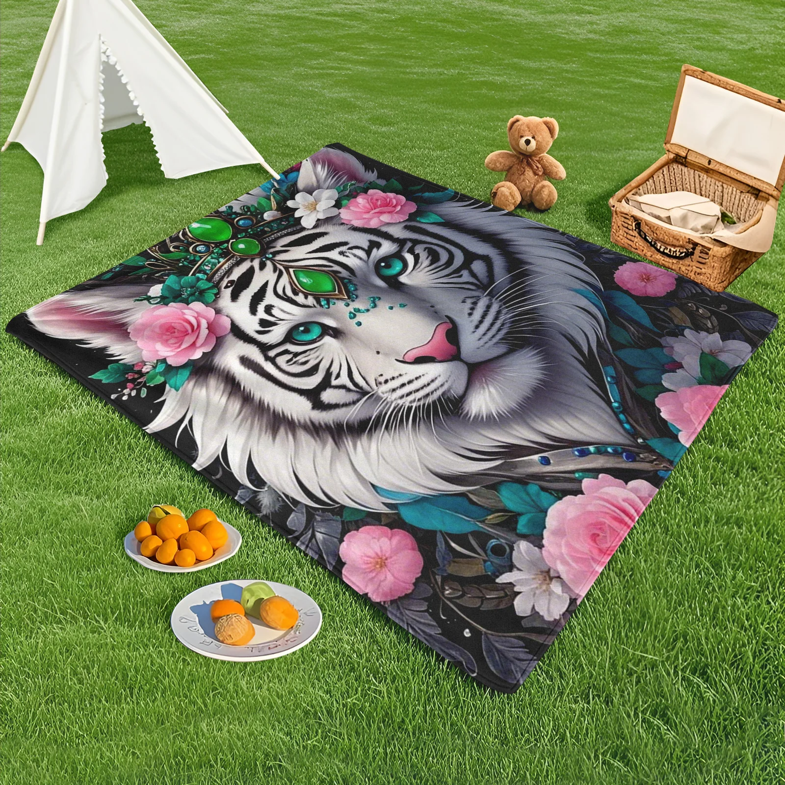 Tiger Rose Crown Anthropomorphic Outdoor Blanket For Majestic Elegance And Royal Charm In Nature Inspired Design