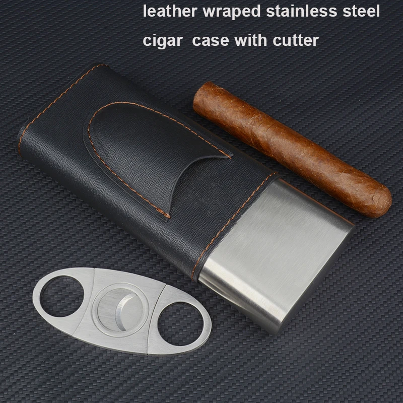 

PU leather Cigar Case Stainless Steel Cigar Holder 3 Fingers Cigar Humidor with Sharp Cutter Mini Cigar Box Best Cigar Tool