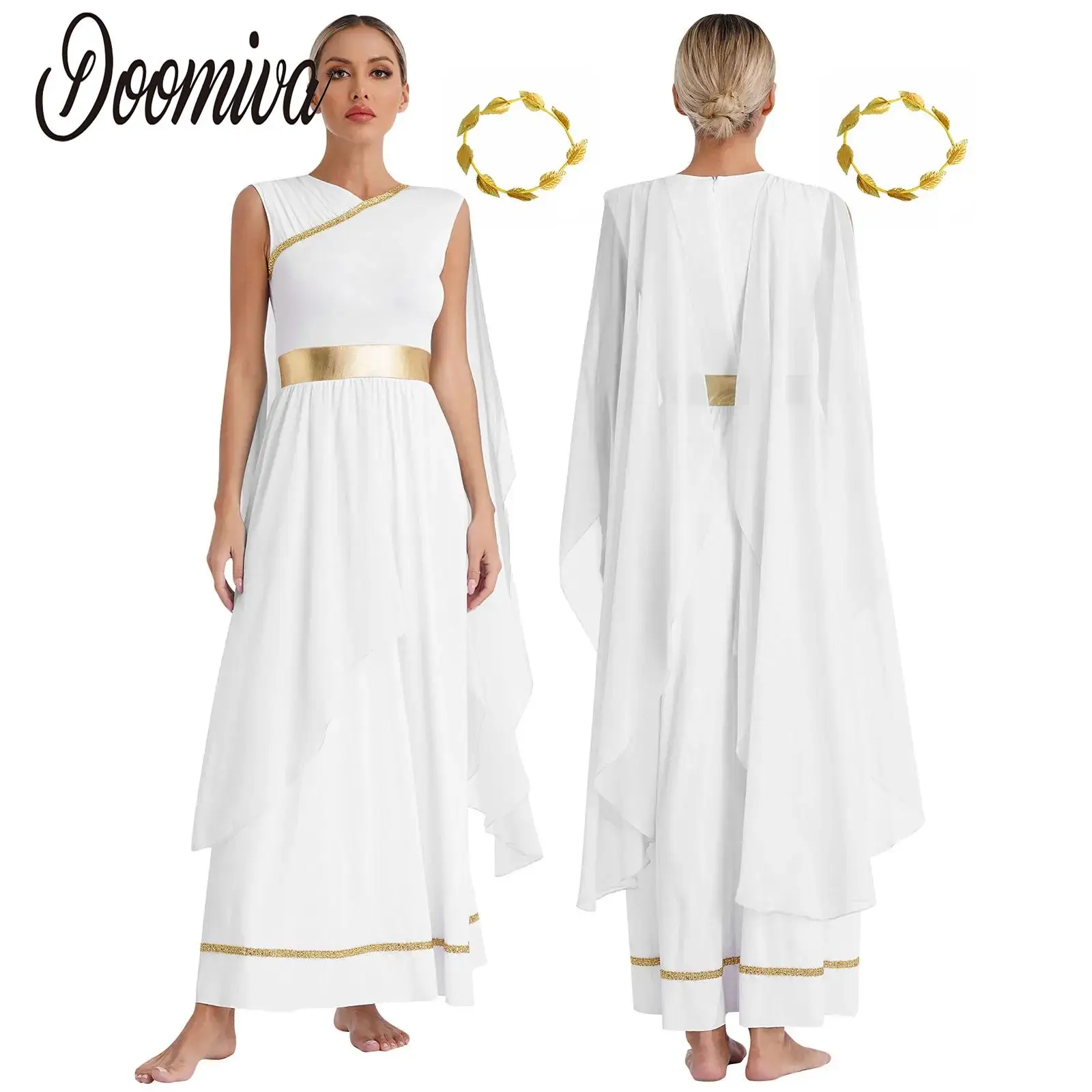 

Women Greek Deity Costume Chiffon Toga Robe Sleeveless Princess Maxi Dress with Gold Headwear Greece Roman Queen Role Play Suit