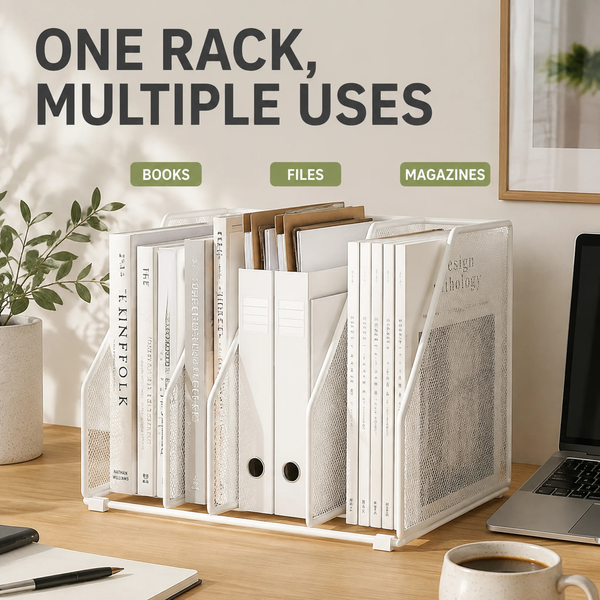 2-in-1 Desktop File Organizer, Metal Mesh A4 Document Holder and 3 Tier Storage Shelf for Home Office School Dorm Study Desk