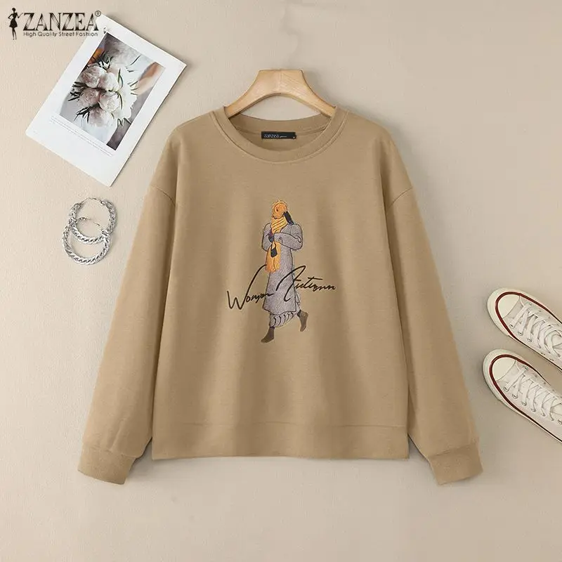

Минималистичные женские толстовки с мультяшным принтом, весенние повседневные свободные пуловеры с круглым вырезом и длинными рукавами на флисовой подкладке, женские топы ZANZEA