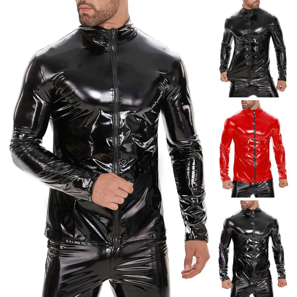 

Men High-gloss Faux Leather Jacket Stylish Men's Faux Leather Jacket with Stand Collar Zipper Closure for Nightclub Party