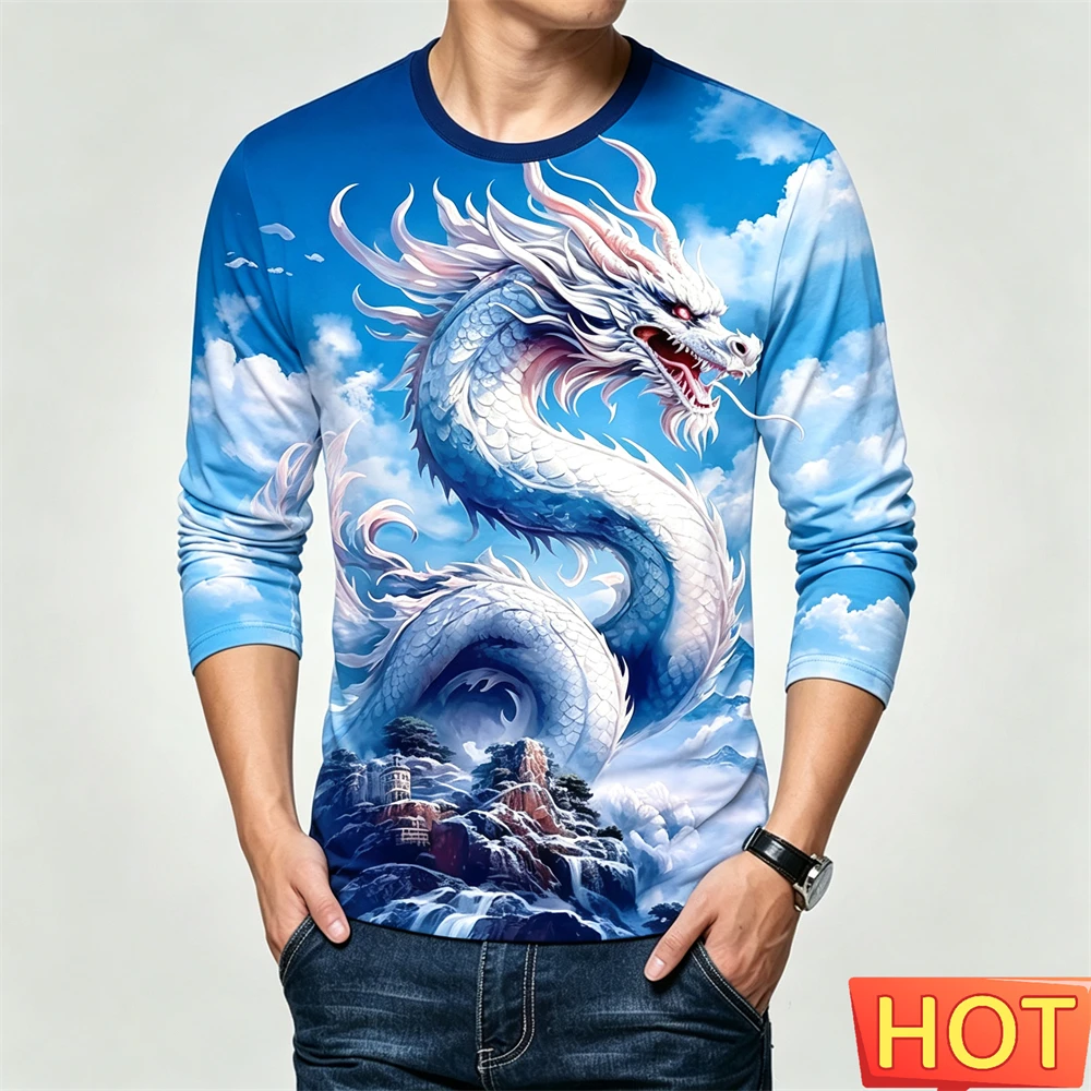 Funny 3D Chinese Loong Print Men's T-shirt Fashion Loose Long-sleeved Tops Street Hip Hop y2k Clothes Spring Autumn Men Clothing
