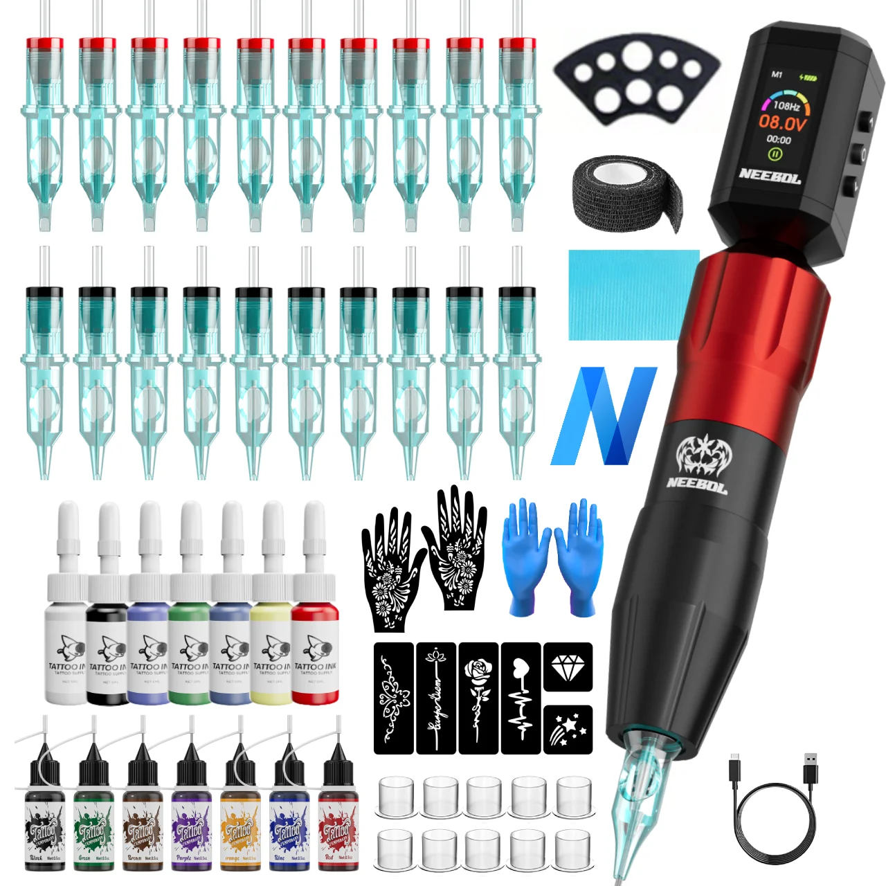 

Complete Tattoo Machine Kit, 4-12V Work Voltage, Colorful Paste & Hand Stencil &Tattoo Ink, Easy-To-Use Tattoo Kit,Holiday Gift