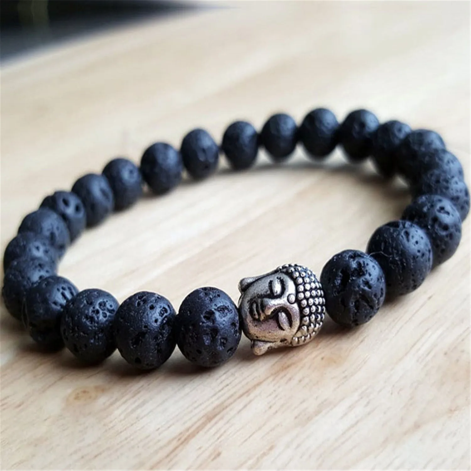 

8mm Natural Lava Stone Gemstone Mala Bracelet Handmade Unique Chain Ethnic Cuff Bangle Prayer