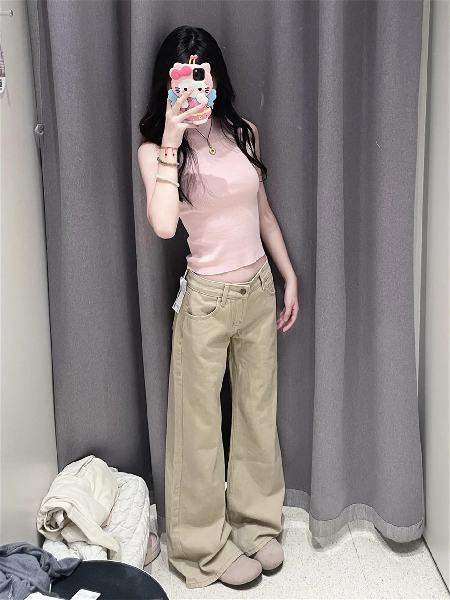 

American Vibe Khaki Color Low Waist Flared Jeans Women Loose Drapey High Length Wide Leg Floor Length Pants