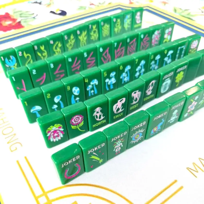 USA Stock American Mahjong Set Solid Emerald Green Acrylic Tiles Engraved Mushroom Dots Arabic Numbers & Lucky Jokers
