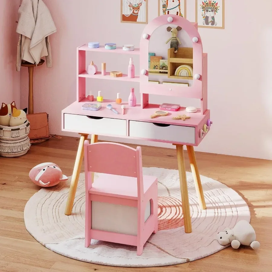 vanity with lights and mirror cabinet for pretend play, wooden princess dressing desk in pink with LED-lit mirror and display s