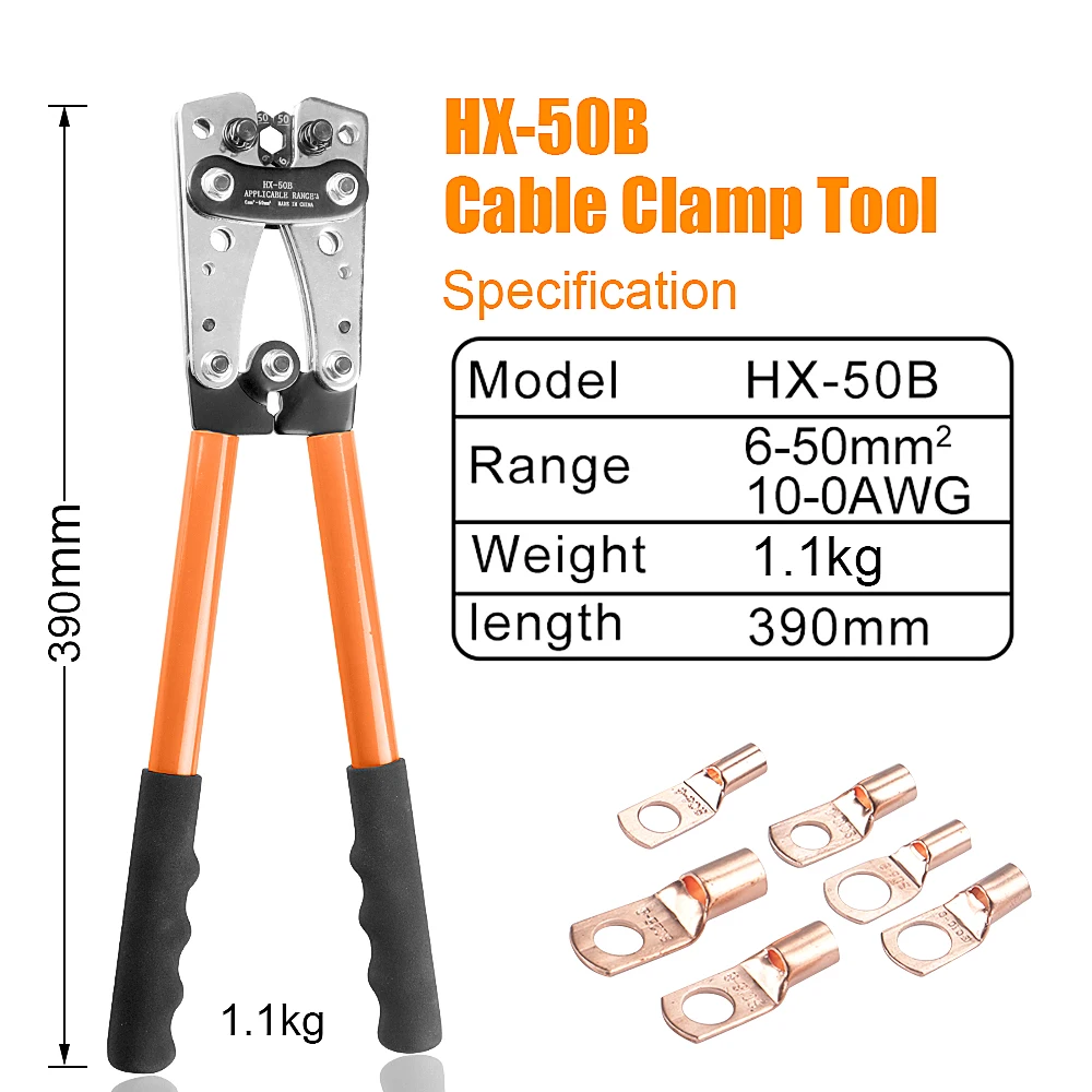 WOZOBUY Tube Terminal Crimper Hex Crimp Tools HX-50B Pliers 6-50mm2/AWG 10-0 Multitool Battery Cable Lug Cable Hand Tools