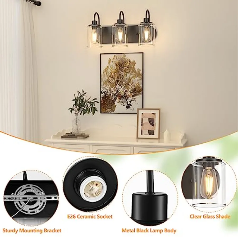 3-Light Bathroom Light Fixtures, Vanity Light Farmhouse Wall Sconces with Clear Glass Shade, Modern Bathroom Wall Lamp for Mirr view 3