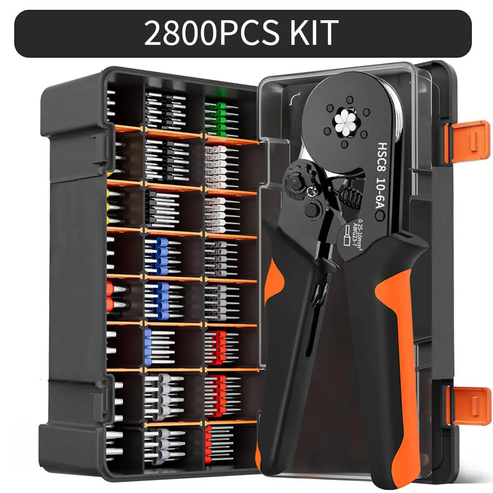 Zeshoekige zelfverstelbare ratelhuls krimpgereedschapsset 23-7AWG 0,25-10 mm2 crimperkit met ferrulehoezen draadterminals