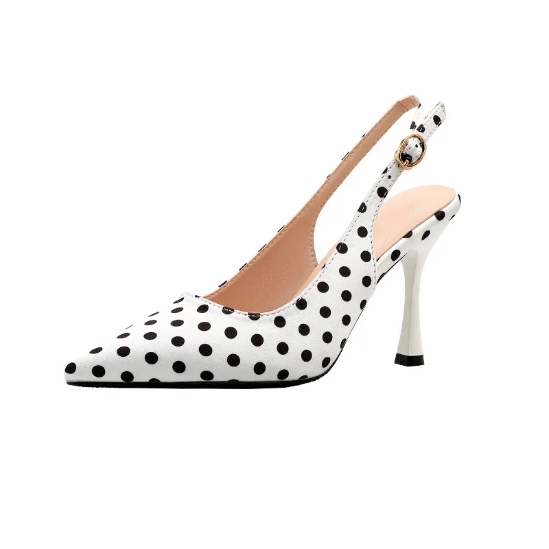 

Size 30-44 High Heels Women's Polka Dot Slingback Heels 2026 French Style Pointed Toe Stiletto Pumps Black White Shoes