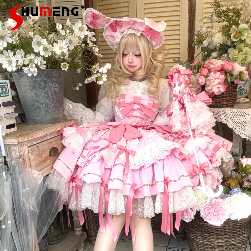Japanse Zachte Meisjes Lolita Roze Jurk JSK Herfst Nieuwe vrouwen Slim Fit Leuke Boog Kant Prinses Jurk Loli Y2K verjaardag Jurken