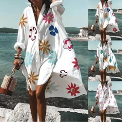 Beach Dress Bikini Cover-Up Women 2023 Bohemian Printed Beachwear Robe V-Neck Long Sleeve Swim Wear Cover Ups Loose SundressVVVV