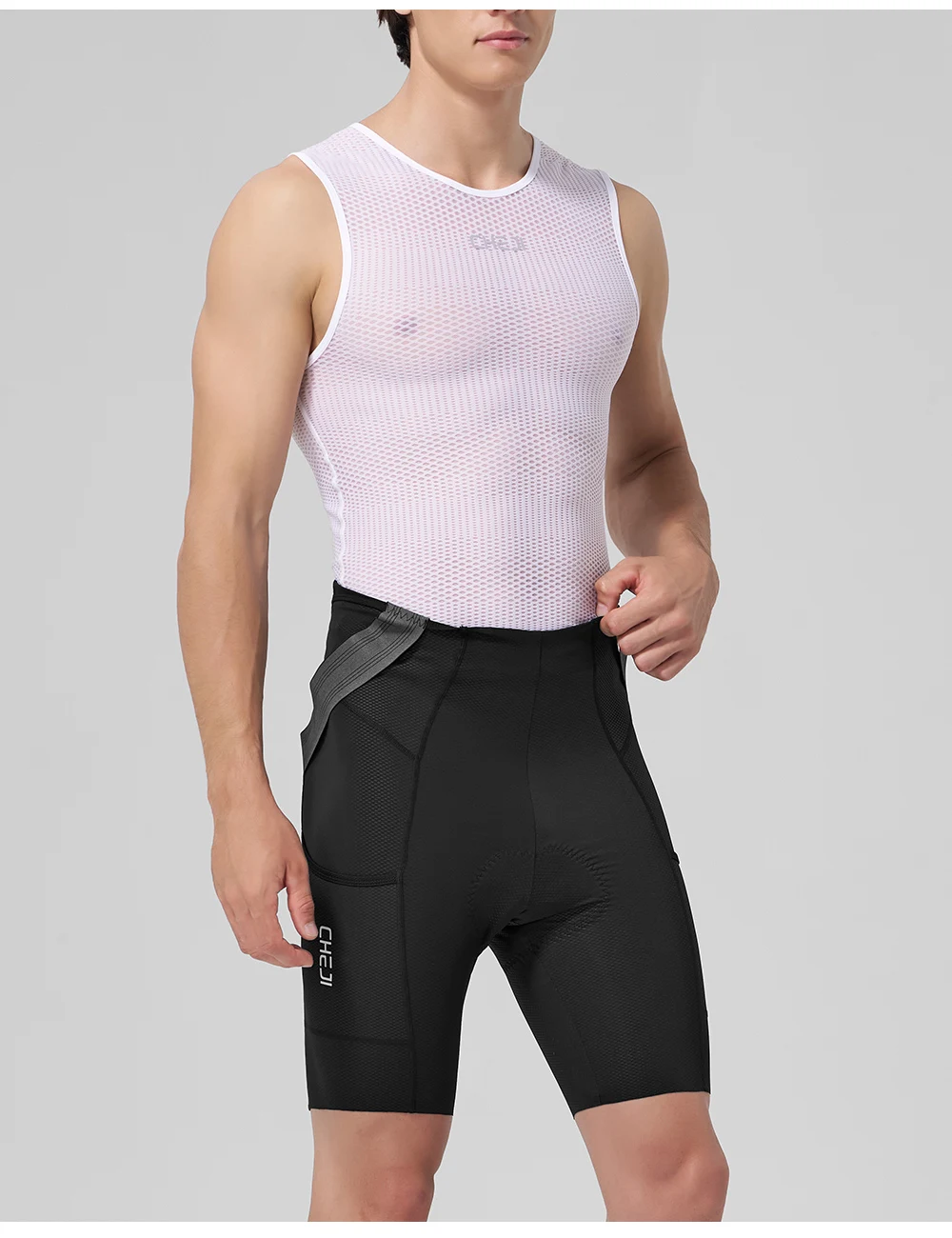 CHEJI Herren Radsport-Trägerhose mit Seitentaschen, nahtlosen, rutschfesten Beinmanschetten, gepolstert für 7 Stunden Fahrt auf Straßen- und MTB-Fahrrädern. – Detail 11