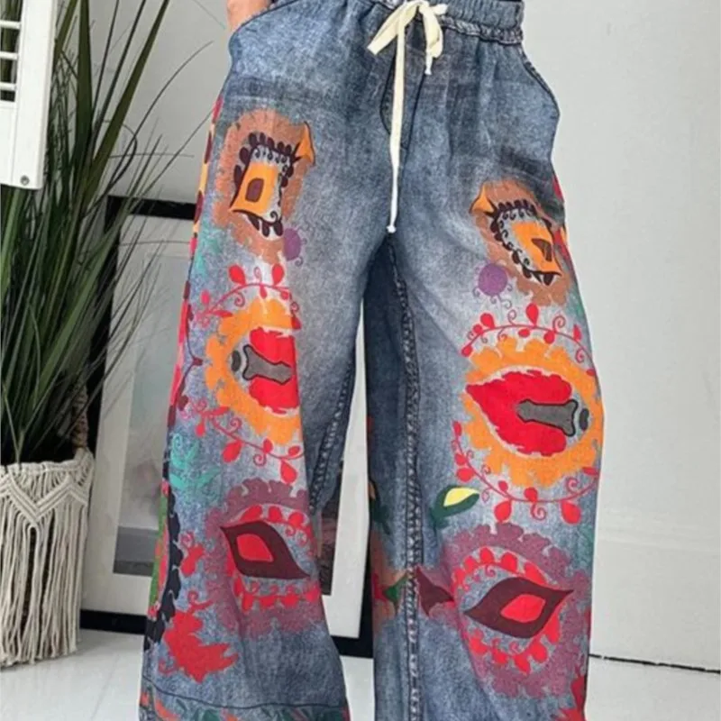2025 แฟชั่นผู้หญิง Drawstring กางเกงขากว้างฤดูใบไม้ผลิฤดูร้อนหญิงพิมพ์ Patchwork Elegant กางเกงหลวม Fit Lady กางเกง