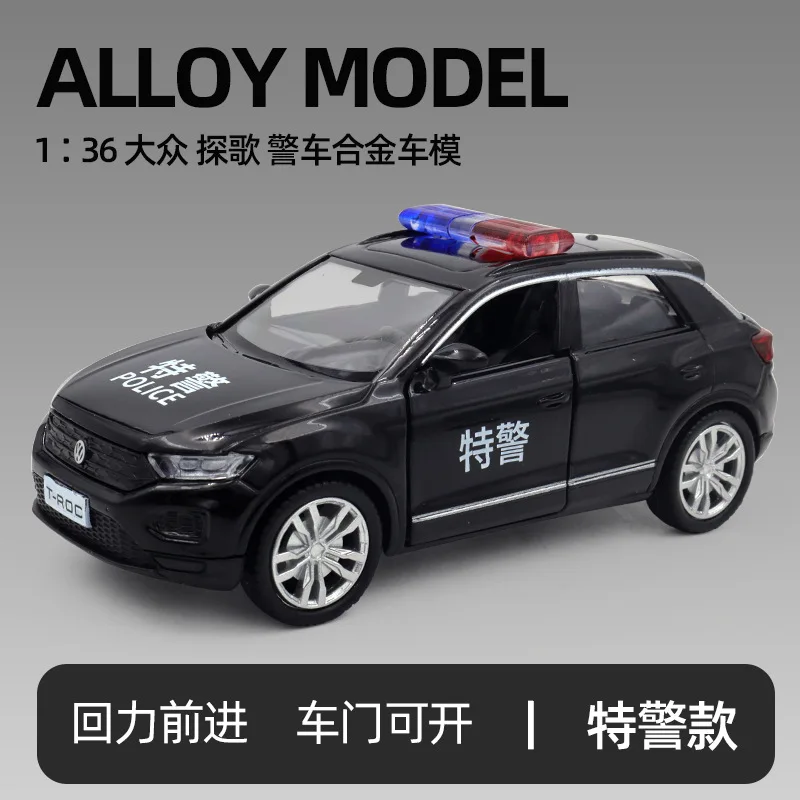 1:36 Mustang T-ROC Police Car Model Toys Metal Diecast Doors Opened Pull Back Rubber Tires Festival Vehicles Gift for Boy