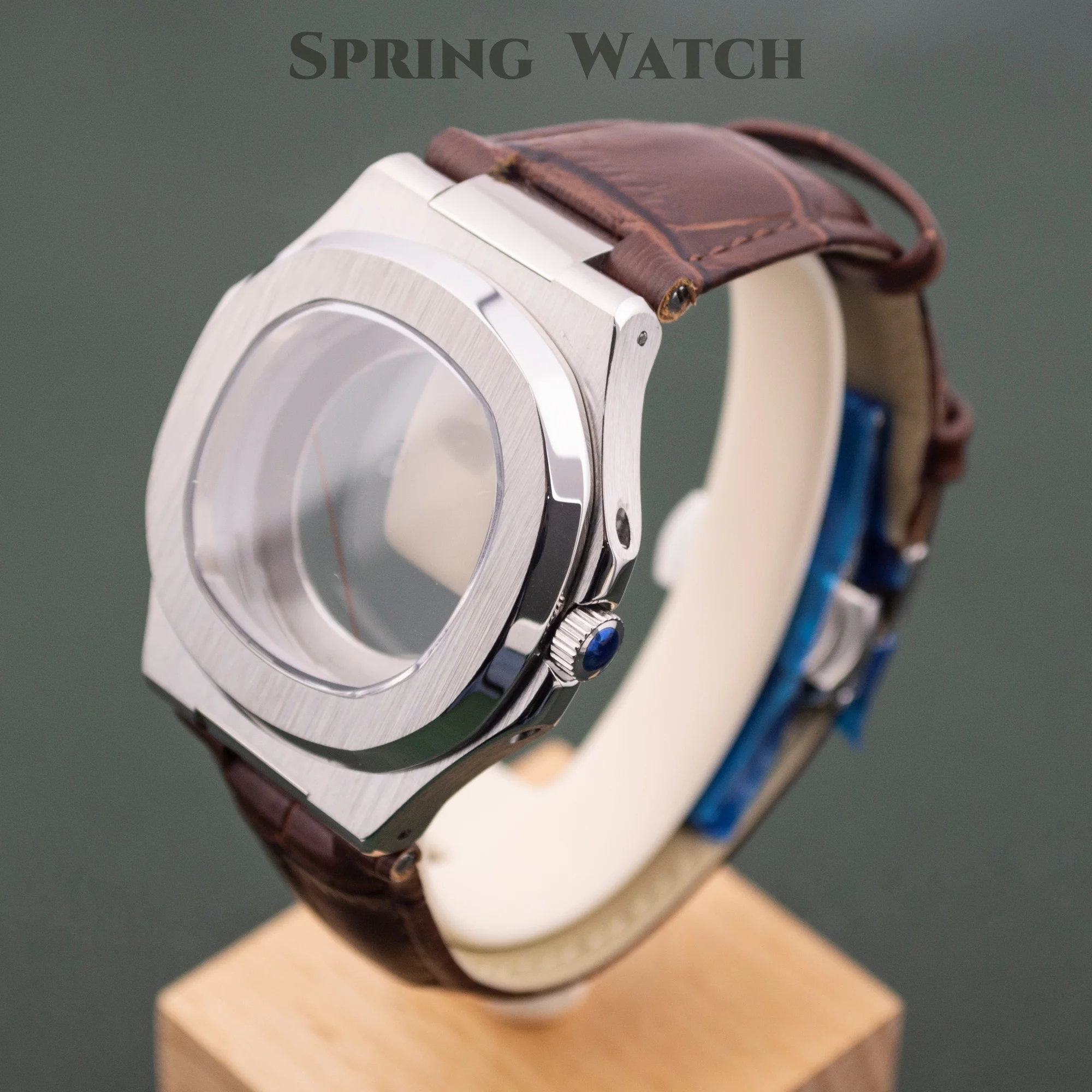 for Nautilus Case NH35 Watch Case Strap Sapphire Glass Case Leather Band fit NH34 NH35 NH36 NH38 Movement Mod Watch Case Parts