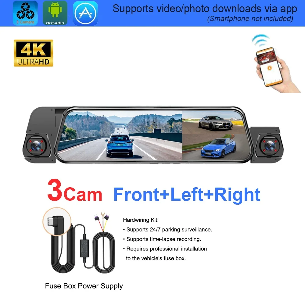 Streaming Dashcam met 4 lenzen, volledig touchscreen, APP-bediening, 24-uurs parkeermodus, nachtzicht, bewegingsdetectie, G-sensor, time-lapse, privacy-opname