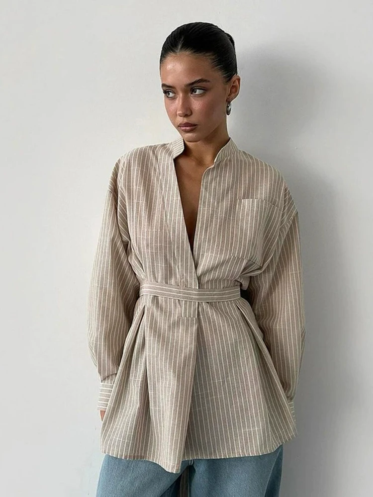 

Zadily 2025 Autumn Women's Beige Striped Cotton Shirts Stand Collar Deep V Belted Waist Loose Fit Casual Work Blouse