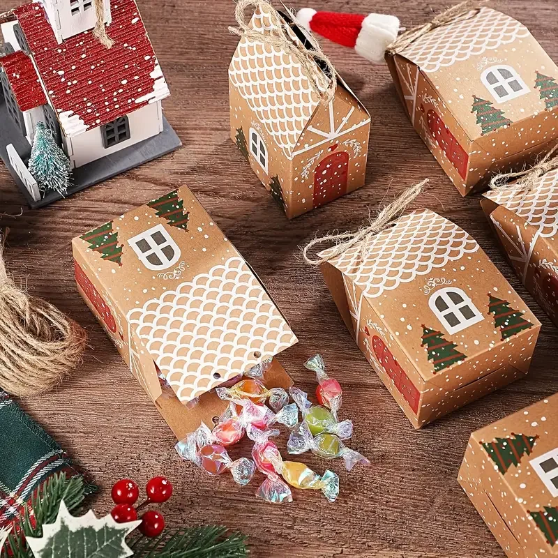 Christmas Candy Box Kraft Paper Gif Party Supplies Holder Xmas Decor House Shape Cookies Pouch New Year'S Eve Decorations