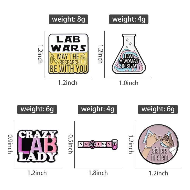 Cartoon Science Brooch Test Tube Women In Stem Periodic Table Microscope Molecular Equation DNA Chain Badge Metal Pins Jewelry
