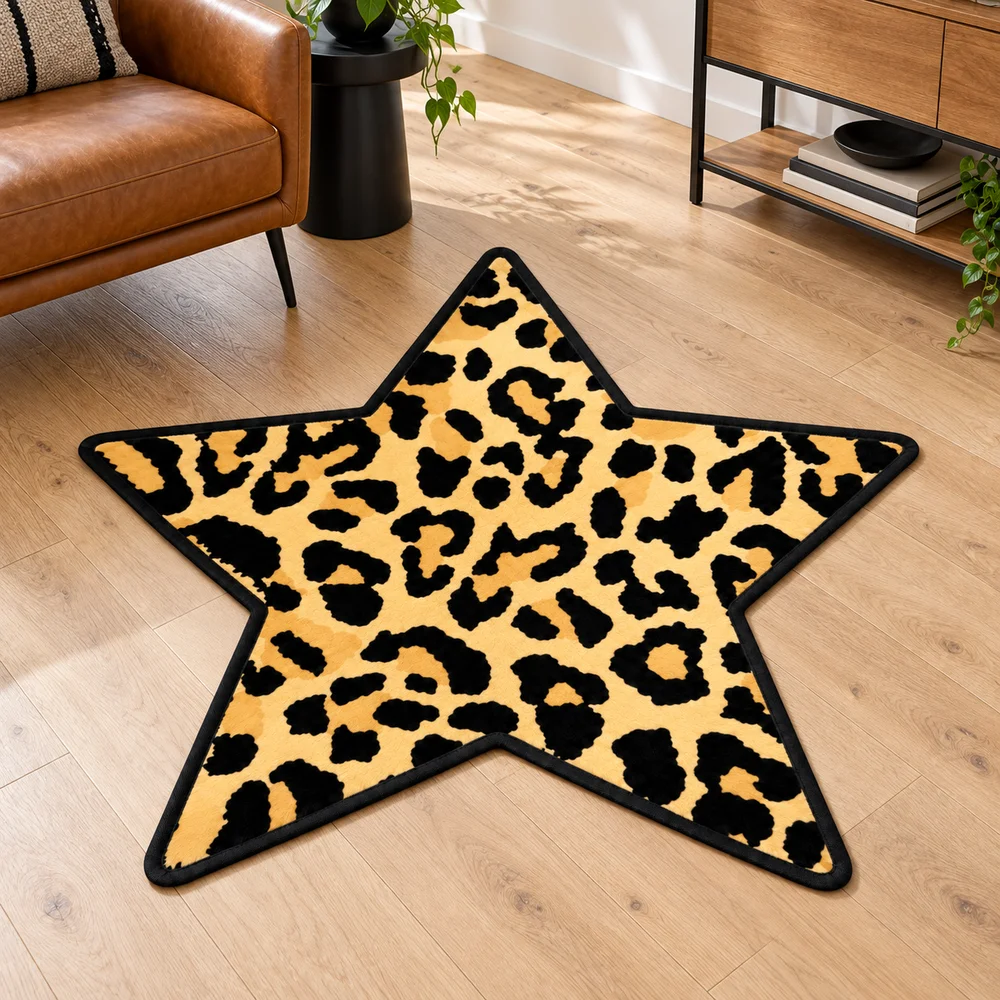 Leopard Print Star Floor Mat, Irregular Shaped Flannel Rug for Bedroom Living Room Bathroom Entryway Decor, Home Decor Gift