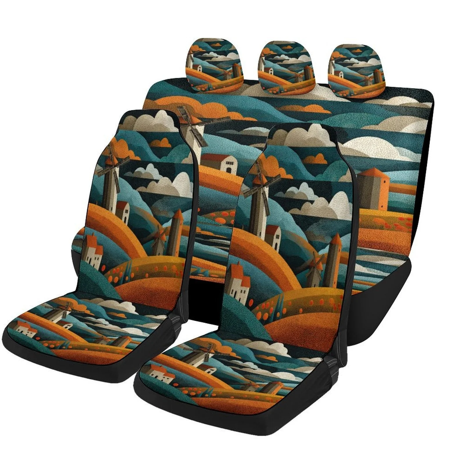 Windmill Landscape Themed Car Seat Cover Set For Most Cars, Trendy Novelty Car Seat Protector Covers Full Set, Universal Car Sea
